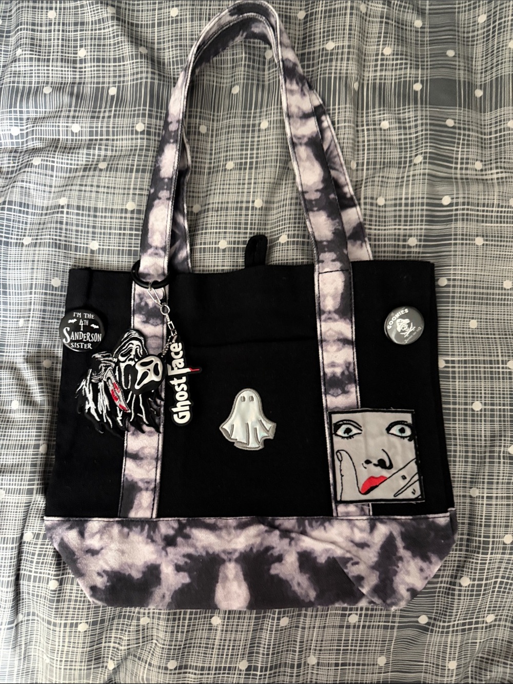 Black & Tie-Dye Accent Canvas Tote Bag with Ghost Face Charms